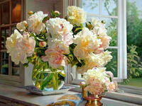 Без бренда «Ваза с букетом белых пионов у окна» в Улан-Удэ