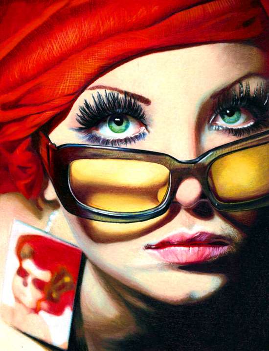 Алмазная мозаика 40x50 Стильная девушка в очках и красном платке