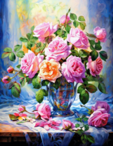 Розовые садовые розы в расписной вазе