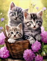 Три серый полосатых котенка в корзине с цветами