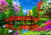Красочный японский сад с мостиком