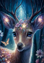 Сказочный олененок с цветами и бабочками