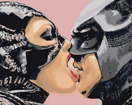 Картина по номерам 40x50 Поцелуй женщины кошки и Бэтмена