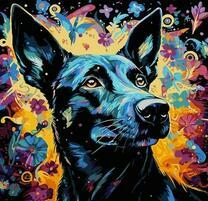 Черный пёс на ярком фоне